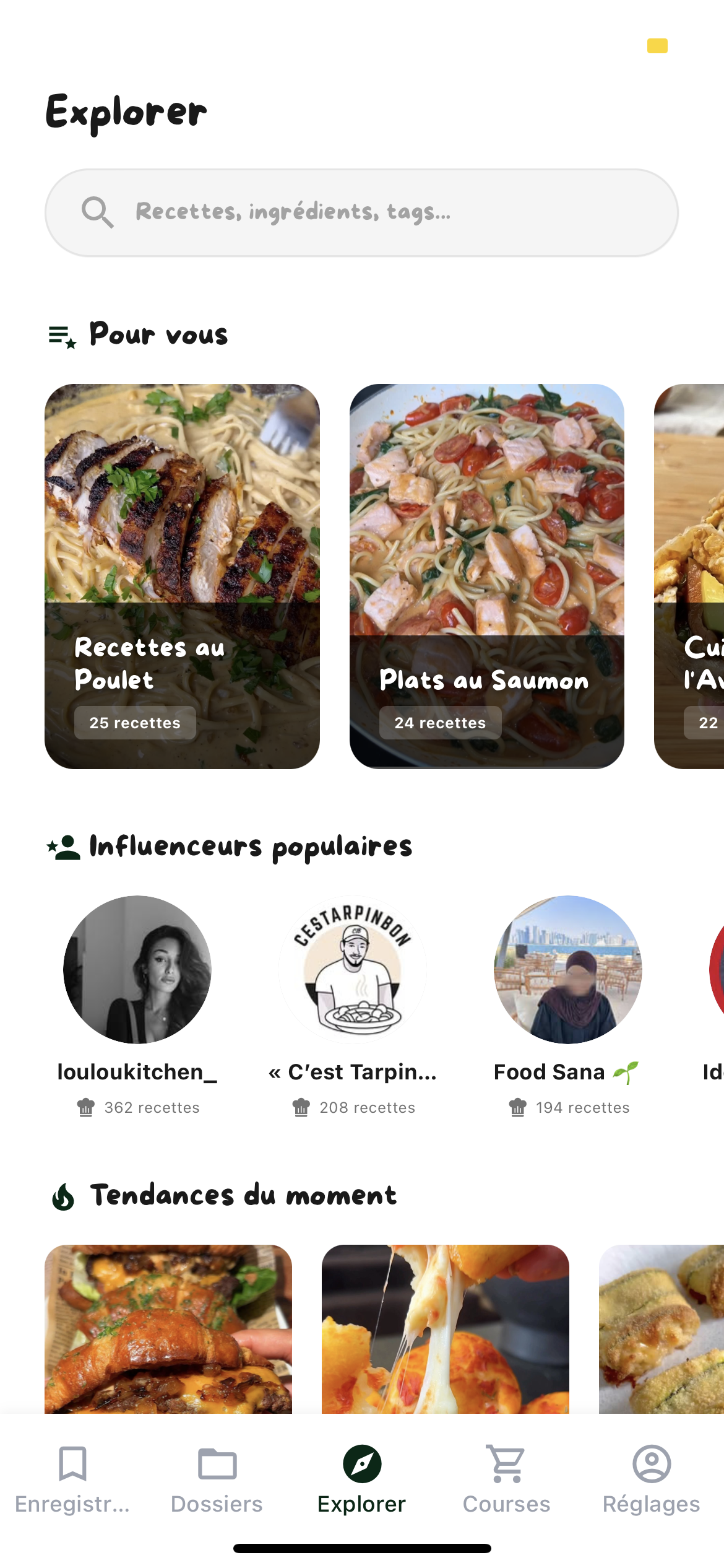 Vue générale de l'Explorer GoomY avec les recettes tendances